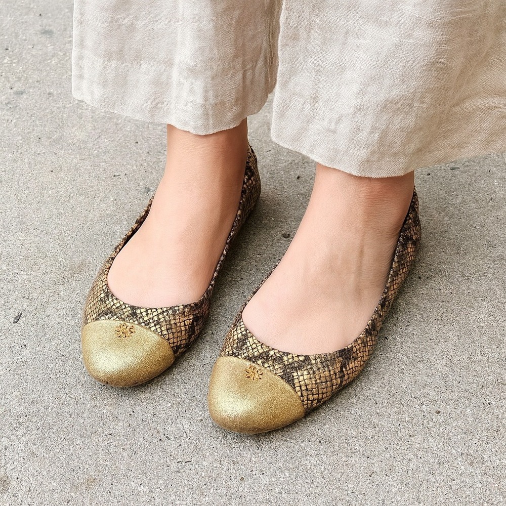 Tory Burch York‎ Roccia Ballet Flats Womens 8 Snake Print Gold Black Metallic